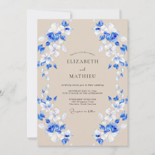 Kobaltblaue Blütenromanze Hochzeit Einladung
