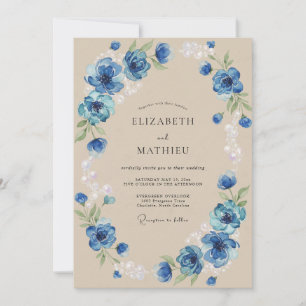 Kobaltblaue botanische romantische Hochzeit Einladung