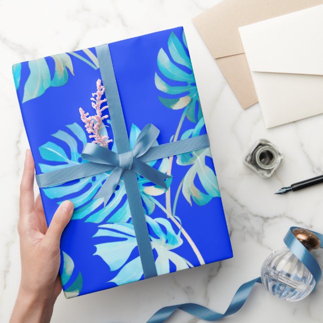 Kobaltblaue Monstera Brise Geschenkpapier (Schenken)