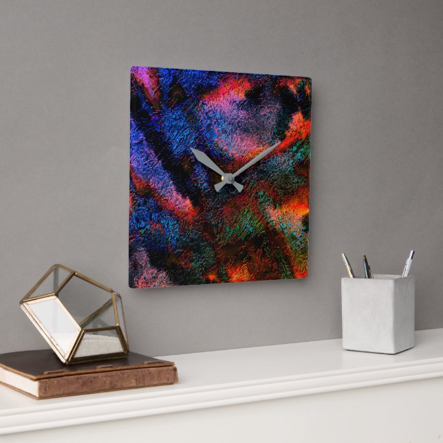Kobaltblaue Splash mit farbenfroher, rot-heiße Tex Quadratische Wanduhr (Büro)