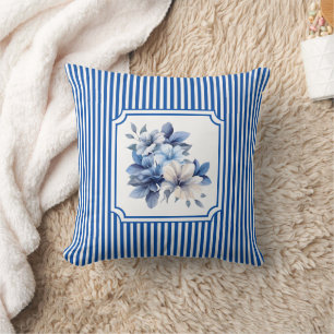 Kobaltblaue Ticking-Streifen-Blume Kissen