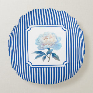 Kobaltblaue Ticking-Streifen-Blume Rundes Kissen