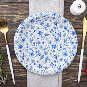 Kobaltblaue tropische Blumen und Blätter Muster 7" Pappteller