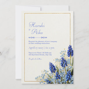 Kobaltblaues Muscari Botanisch Goldrahmen Hochzeit Einladung