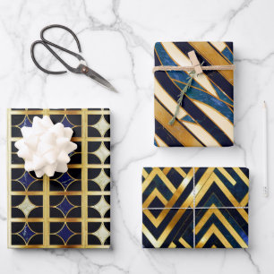 Kobaltblaues und goldenes Art Deco-Marmor-Muster Geschenkpapier Set