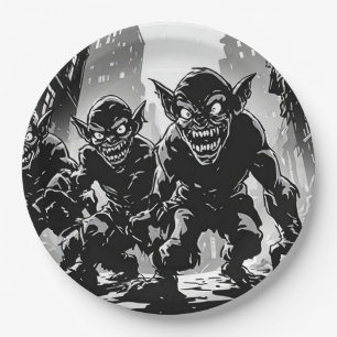 Kobold-Dämonen Verlassene Stadt BW Retro-Comic-Sti Pappteller
