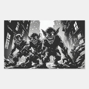 Kobold-Dämonen Verlassene Stadt BW Retro-Comic-Sti Rechteckiger Aufkleber