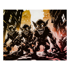 Kobold-Dämonen verwüstete Stadt Retro-50er-Grafiks Poster