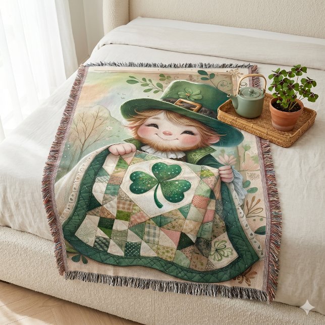 Kobold-Häuschen-Patchwork-Quilt-Szene Decke (Cottage Leprechaun Patchwork Quilt Scene Throw Blanket)