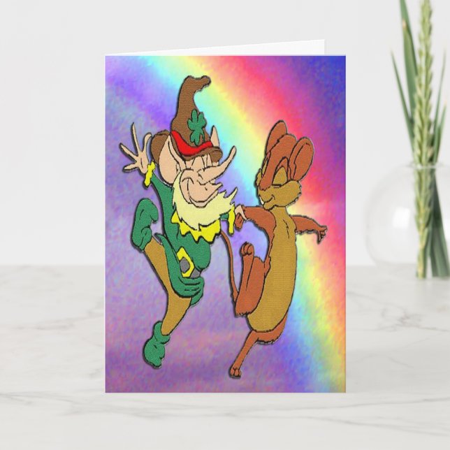 Kobold und Maus tanzen mit Regenbogen Karte (Vorderseite)