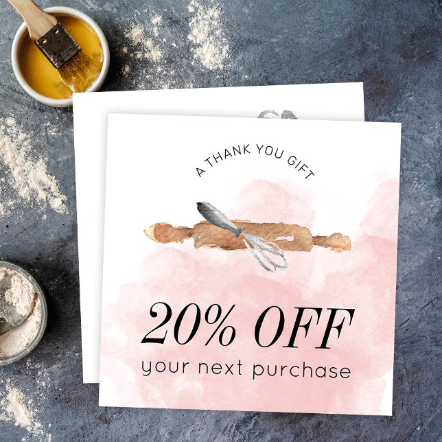 Koch für Bäckereien Logo Pink Aquarell Catering Rabattkarte (Elegant blush pink watercolor bakery or catering business thank you discount cards)