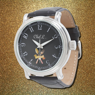 Koch goldener Löffel und Gabel - Name hinzufügen Armbanduhr