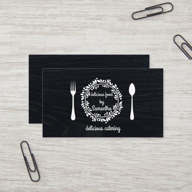Koch Kitchen Catering Fork & Knife Wreath auf Holz Visitenkarte (Vorderseite/Rückseite Beispiel)