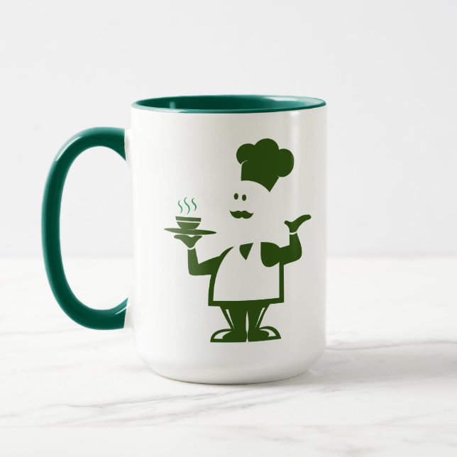 Koch mit einer Schüssel Suppe Tasse (Links)