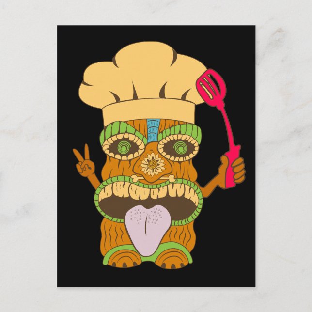 Koch Tiki Statue mit Spatula, Funny Black Postkarte (Vorderseite)