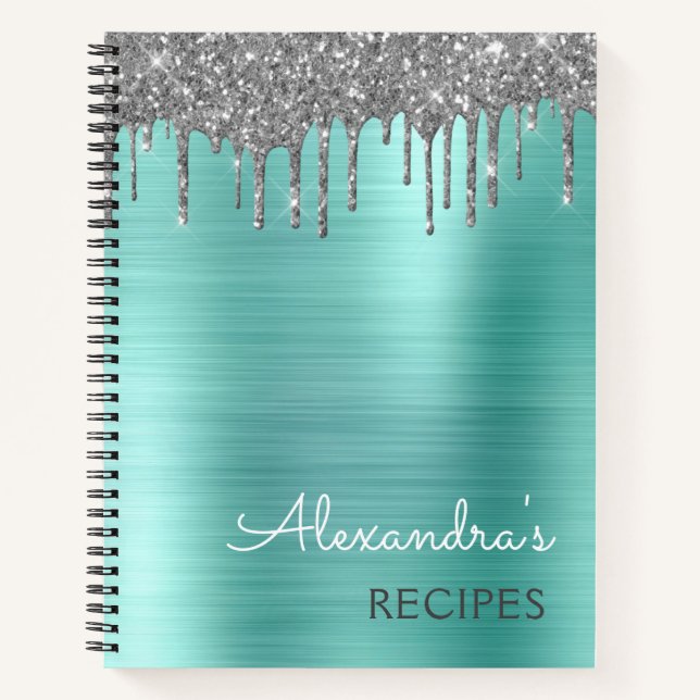 Kochbuch Rezept Aquamarin Aqua Blue Silver Glitzer Notizbuch (Vorderseite)