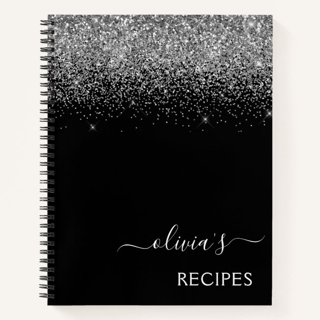 Kochbuch Rezept Silver Black Glitzer Monogram Notizbuch (Vorderseite)
