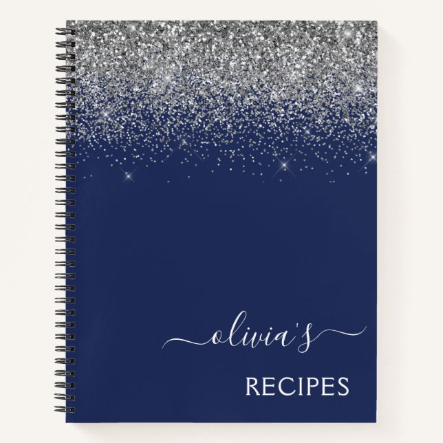 Kochbuch Rezept Silver Navy Blue Glitzer Monogram Notizbuch (Vorderseite)