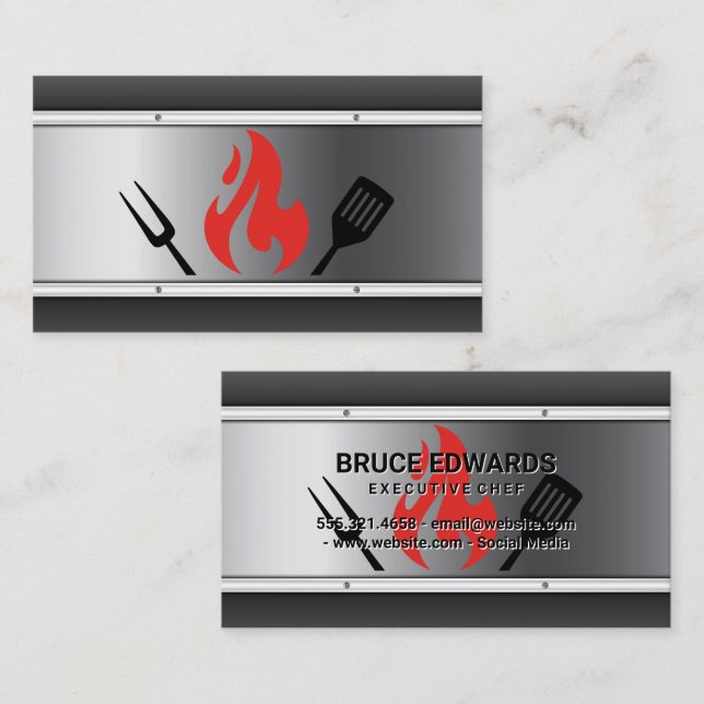 Kochen GRILLEN Utensils | Feuer | Metallisch Visitenkarte (Vorne/Hinten)