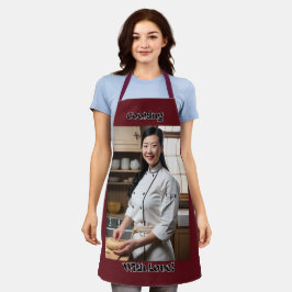Kochen mit dunklen roten, erwachsenen Schürze der