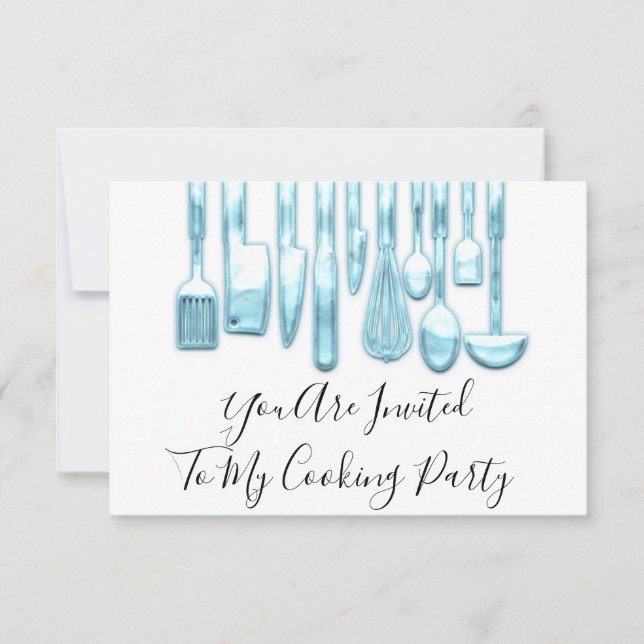 Kochen Party Koch Golden Kitchen Blau Weiß Einladung (Vorderseite)