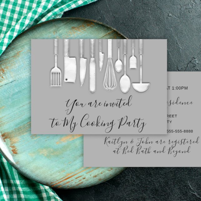 Kochen Party Koch Golden Kitchen Grau Silver Einladung (Cooking Party Chef Golden Kitchen Gray Silver Invitation)