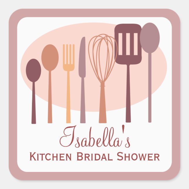 Kochen Utensities Küche Brautparty | Rosa Quadratischer Aufkleber (Vorderseite)