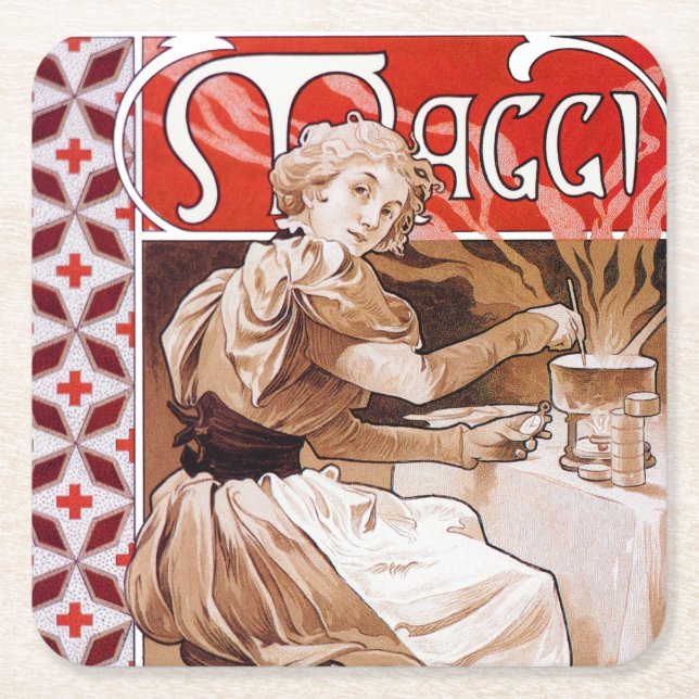 Kochen von Frauen, Alphonse Mucha Rechteckiger Pappuntersetzer (Vorderseite)