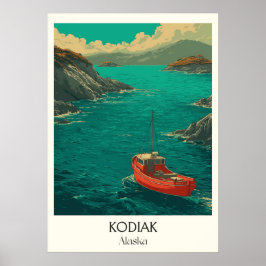 Kodiak Alaska Küstenstadt Rotes Boot Poster