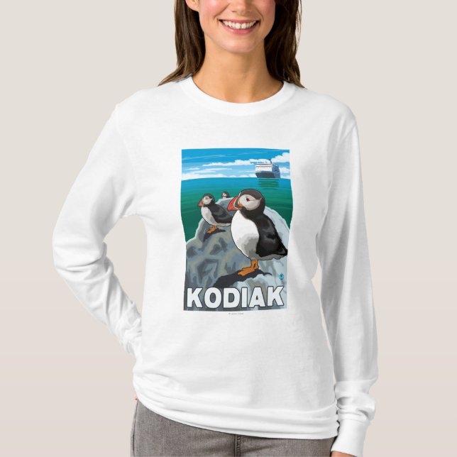 Kodiak, AlaskaPuffins und alaskisches Kreuzschiff T-Shirt (Vorderseite)