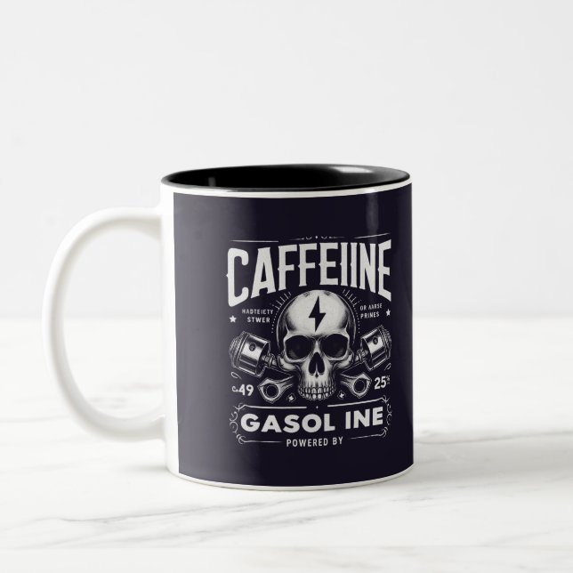Koffein & Benzin - Vintager Schädel & Kolben Zweifarbige Tasse (Links)