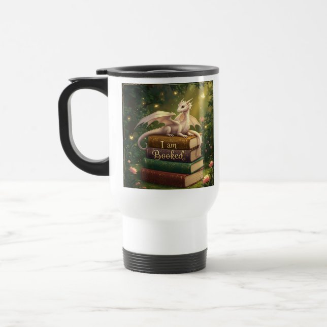 koffiebeker  draak op stapel boeken - I am booked Reisebecher (Links)