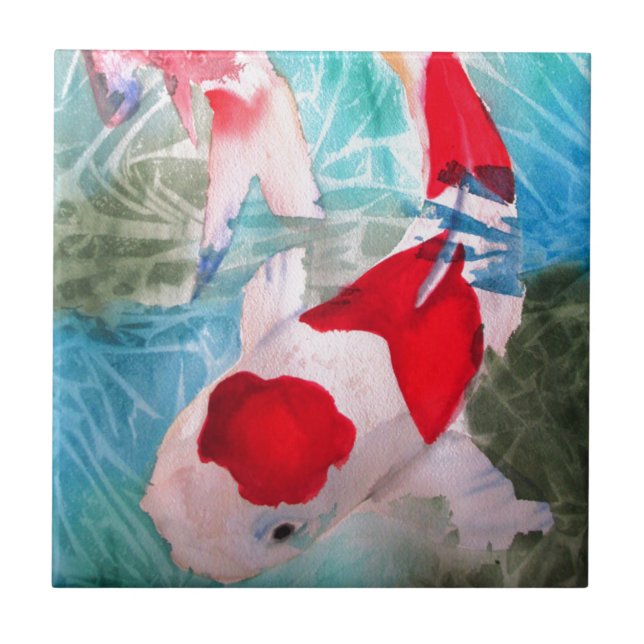 Kohaku Koi 2 japanische Aquarell-Fischkunst Fliese (Vorderseite)