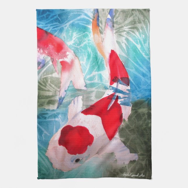 Kohaku Koi 2 japanische Aquarell-Fischkunst Geschirrtuch (Vertikal)