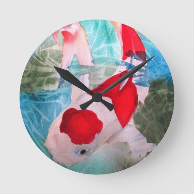 Kohaku Koi 2 japanische Aquarell-Fischkunst Runde Wanduhr (Vorderseite)