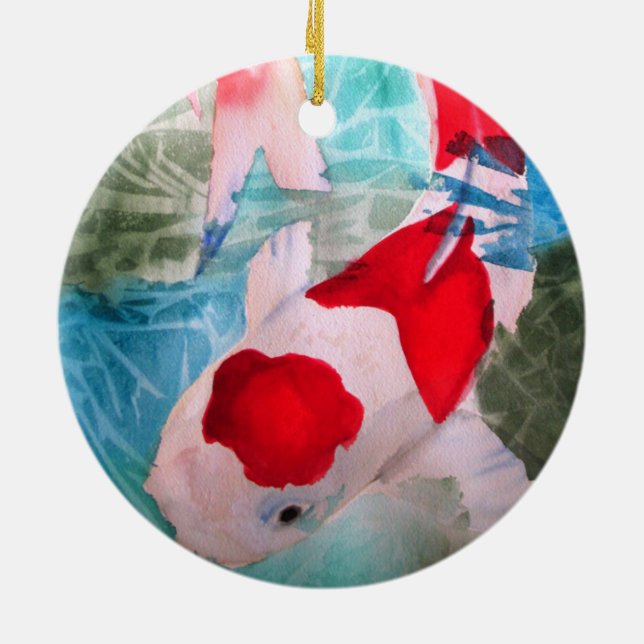Kohaku Koi 2 Japanische Aquarell-Kunst Keramik Ornament (Hinten)