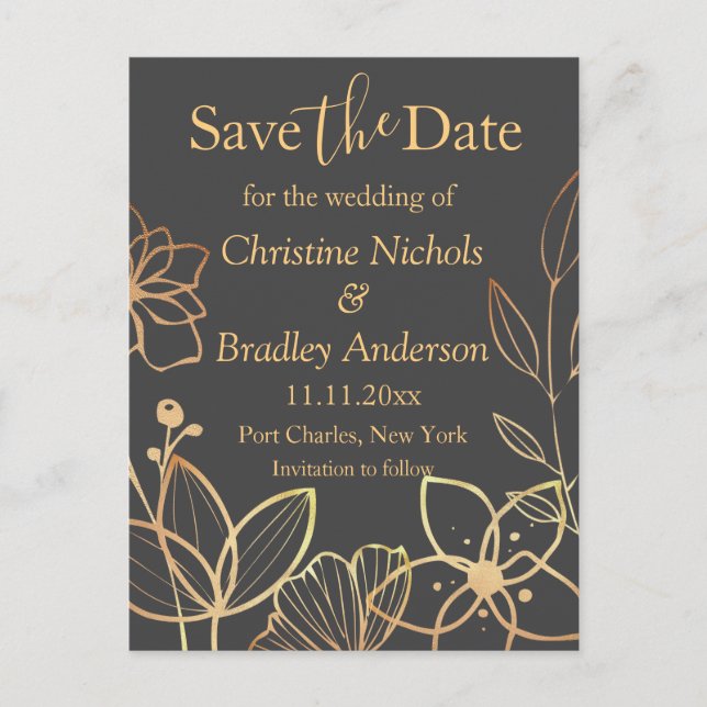 Kohle & Gold-Hochzeit speichern Sie das Datum Postkarte (Vorderseite)