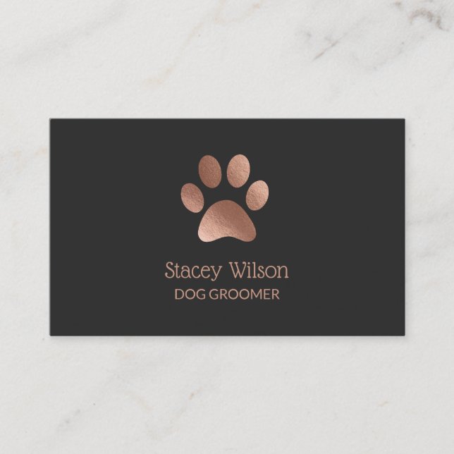 Kohle Rose Gold Paw Print Logo Groomer Busi Visitenkarte (Vorderseite)