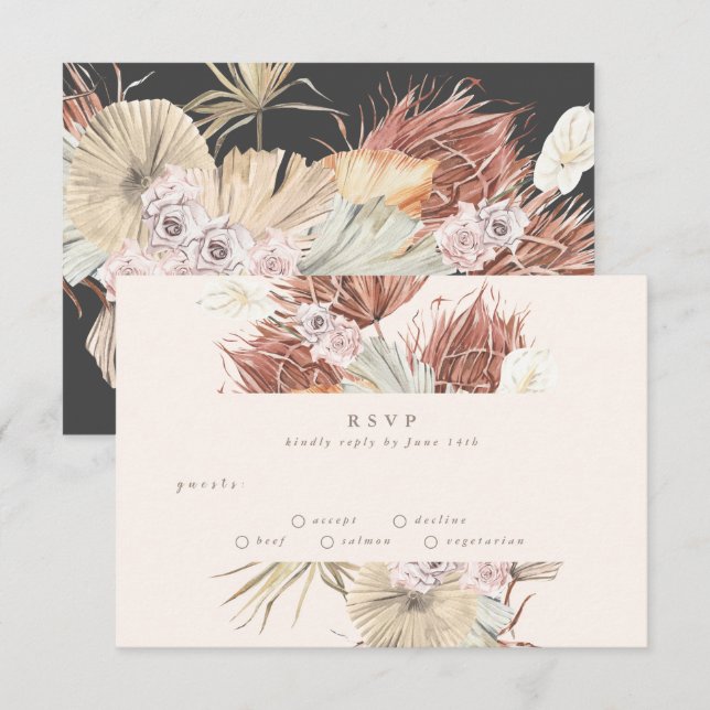 Kohle und Cremes | Pampas Grass Floral Wedding RSVP Karte (Vorne/Hinten)