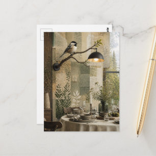 Kohlmeise im Esszimmer Surrealer Collage Postkarte