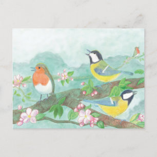 Kohlmeisen singen auf einem blühenden Baum Postkarte