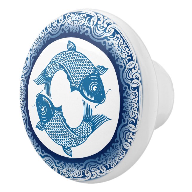 Koi Carp Fish Chinoiserie Blaues Muster Keramikknauf (Rechts)