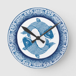 Koi Carp Fish Chinoiserie Blaues Muster Runde Wanduhr