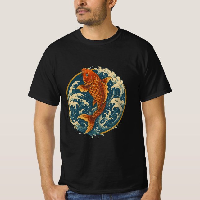 Koi Climbing the Waterfall – Japanese Art Circle D T-Shirt (Vorderseite)