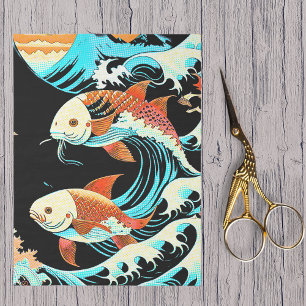 Koi-Fisch in einer großen Welle im Comic-Stil Seidenpapier