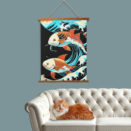 Koi-Fisch in einer großen Welle im Comic-Stil  Wandteppich Mit Holzrahmen