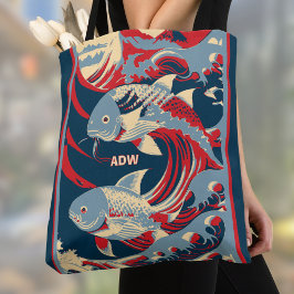 Koi-Fisch mit rotem blauem Great Wave-Monogramm Tasche