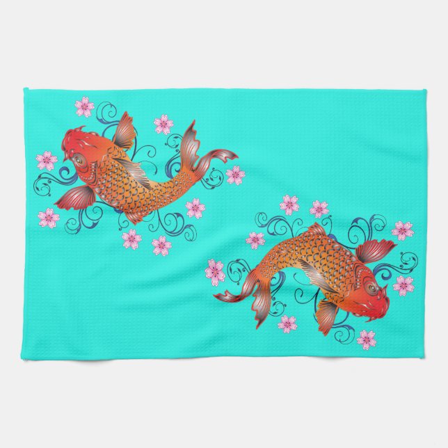 Koi Fisch Orientalisch orange Türkis elegant Geschirrtuch (Horizontal)
