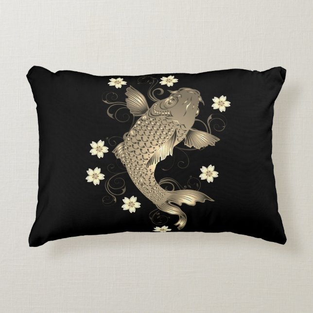Koi Fisch orientalisch schwarz und gold floral ele Dekokissen (Vorderseite)