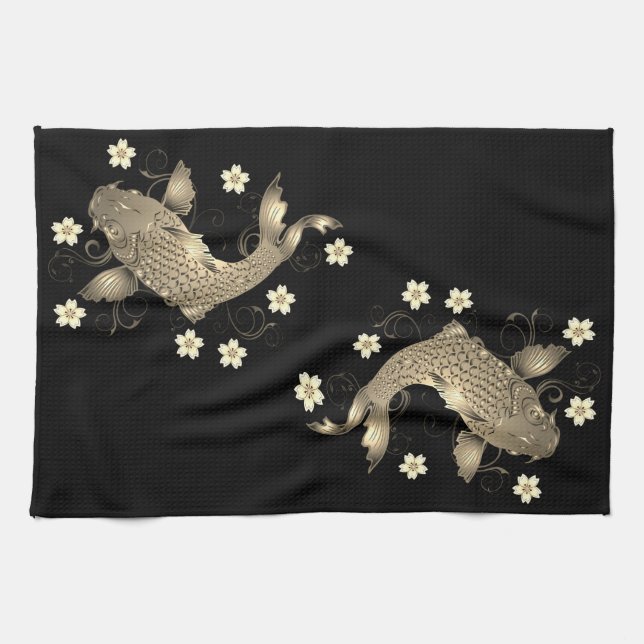 Koi Fisch orientalisch schwarz und gold floral ele Geschirrtuch (Horizontal)